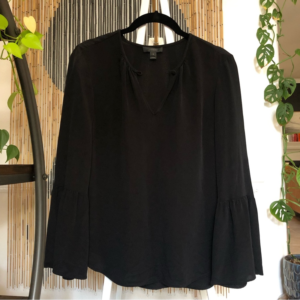 J. Crew 100% Silk Black Blouse with Bell Sleeves